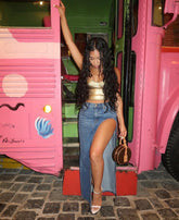 Grlfrnd Blue Denim Slit Maxi Skirt